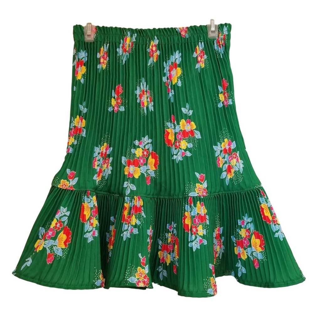 Homemade Green Floral Accordion Pleated Ruffle Hem‎ Skirt Spring Summer Vintage